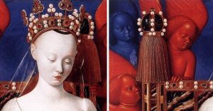 Jean Fouquet, Madonna del latte in trono con il Bambino, dettagli, 1450 - 1455