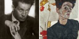 Egon Schiele nel 1914 e Autoritratto del 1912