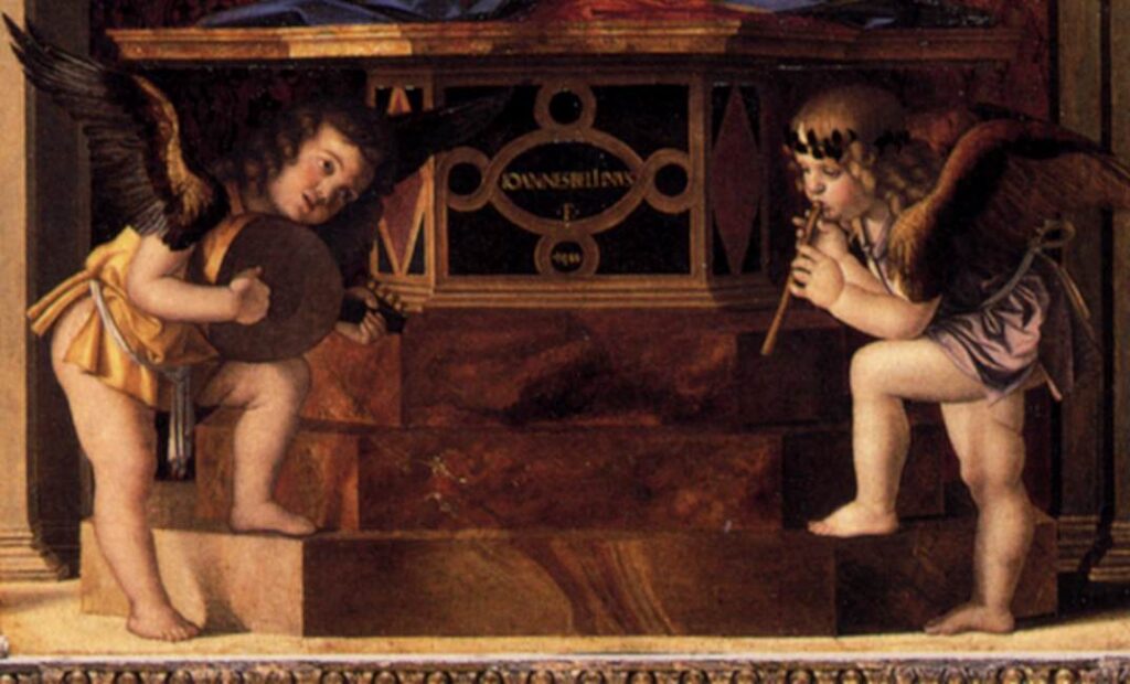Giovanni Bellini, Trittico dei Frari, dettaglio dei due angeli musicanti, 1488