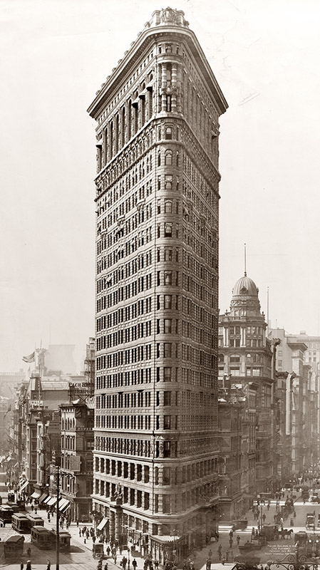 Veduta del Flatiron Building, Flatiron District di Manhattan, New York City, Immagine dei primi del Novecento